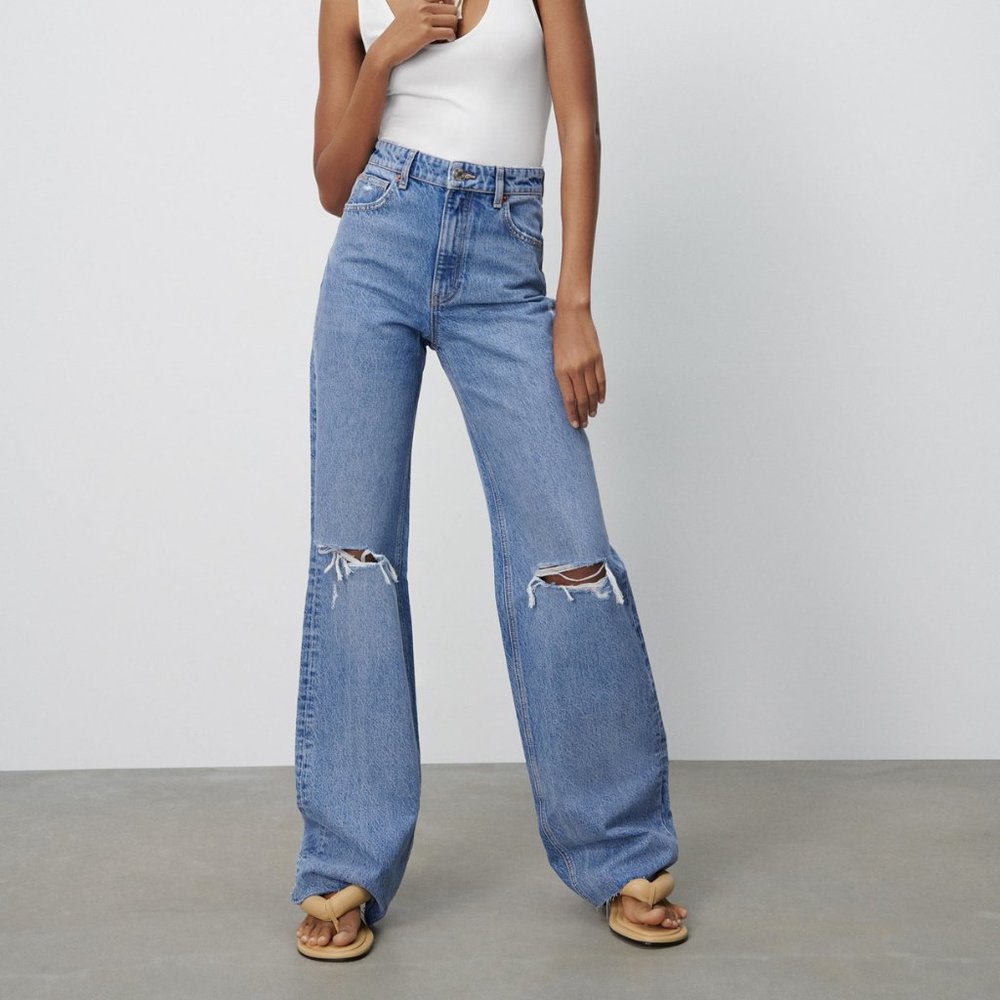 ZARA HI-RISE WIDE LEG FULL LENGTH RIPPED JEANS NWT
